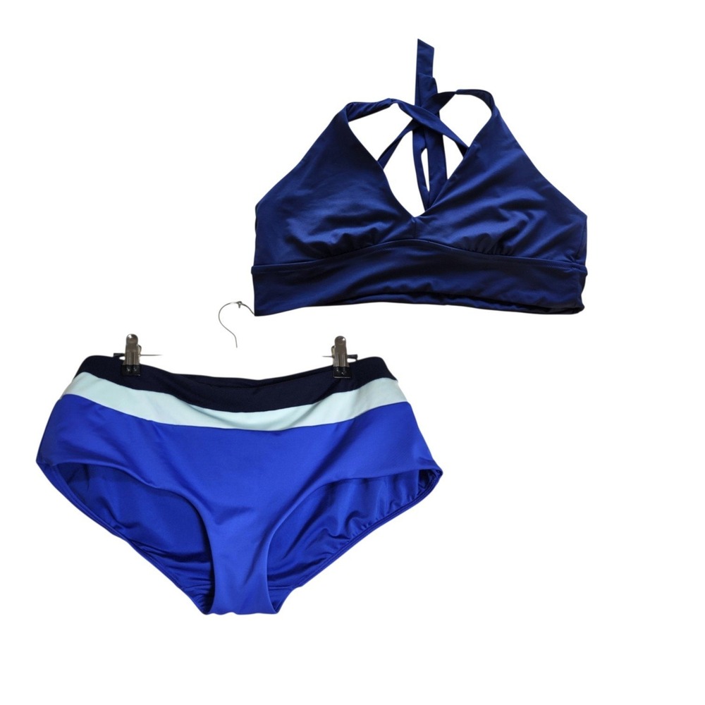 Athleta Blue Colorblock Halter Bikini Set Two Piece Swimsuit Size L